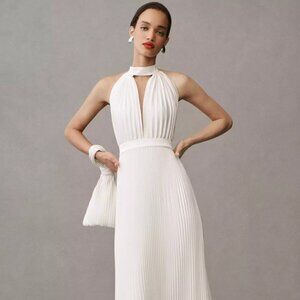 L'IDÉE Chateau Halter Front-Cutout Pleated Midi Dress Size 0